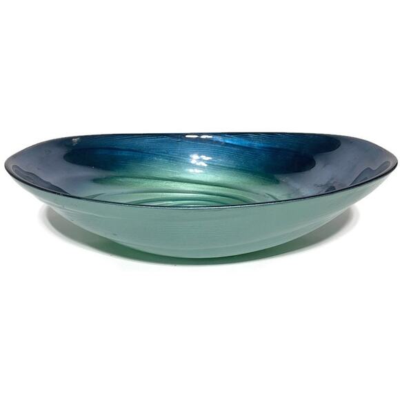 Blue Green Handblown Serving Bowl Glass Art Oval Shaped 13x8.5x3 - Picture 6 of 10